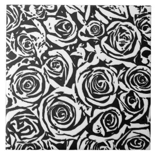 Modern Abstract Rose Pattern, Black and White Cera Tile