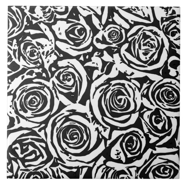 Modern Abstract Rose Pattern, Black and White Cera Tile (Front)