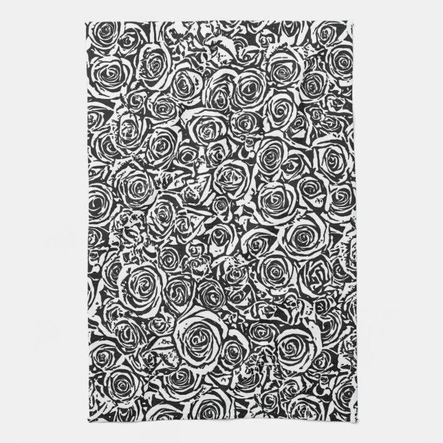 Modern Abstract Rose Pattern, Black and White Kitchen Towel (Vertical)