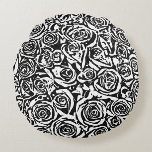 Modern Abstract Rose Pattern, Black and White Round Pillow