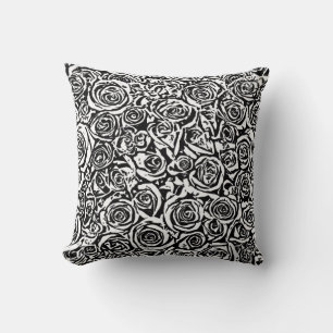 Modern Abstract Rose Pattern, Black and White Throw Pillow