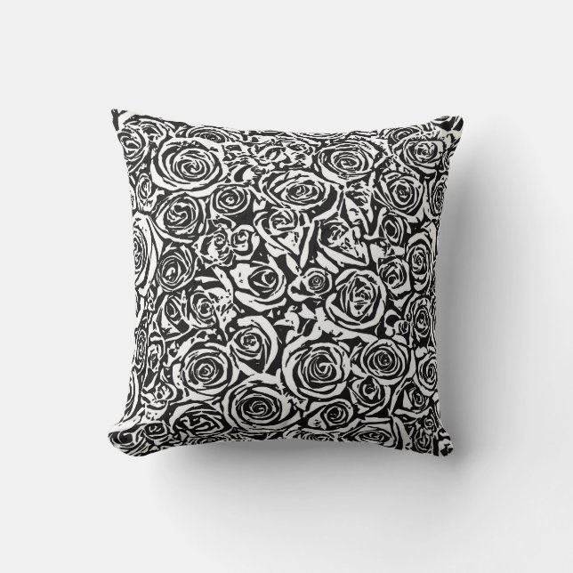 Modern Abstract Rose Pattern, Black and White Throw Pillow (Front)