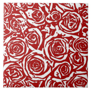 Modern Abstract Rose Pattern, Dark Red and White C Tile