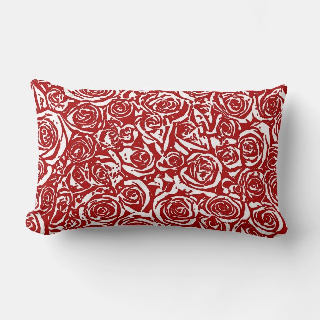 Modern Abstract Rose Pattern, Dark Red and White Lumbar Pillow (Front)