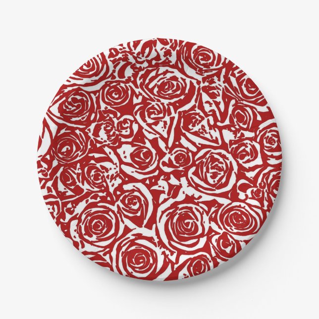 Modern Abstract Rose Pattern, Dark Red and White Paper Plate (Front)