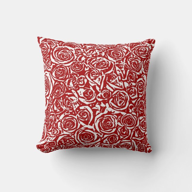Modern Abstract Rose Pattern, Dark Red and White Throw Pillow (Front)