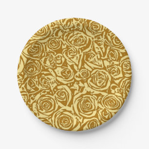 Modern Abstract Rose Pattern, Mustard Yellow Paper Plate