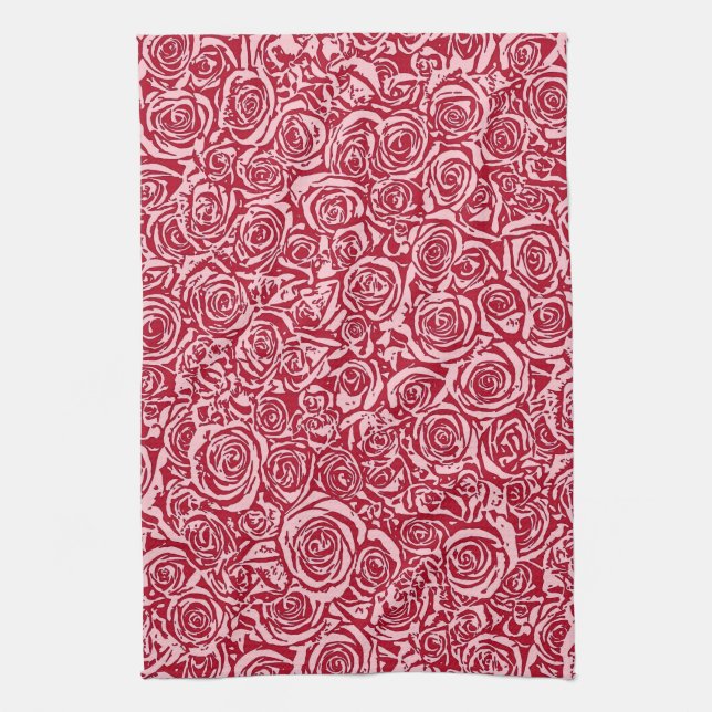 Modern Abstract Rose Pattern, Rose Red and Pink Kitchen Towel (Vertical)
