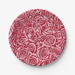 Modern Abstract Rose Pattern, Rose Red and Pink Paper Plate