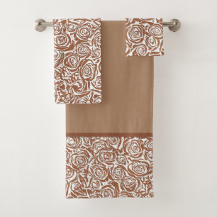 Modern Abstract Rose Pattern, Taupe Tan and White Bath Towel Set