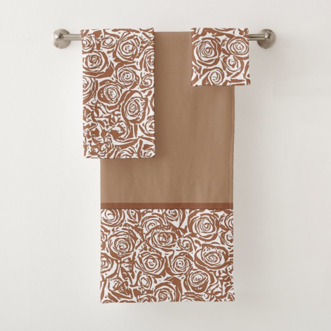 Modern Abstract Rose Pattern, Taupe Tan and White Bath Towel Set (Insitu)