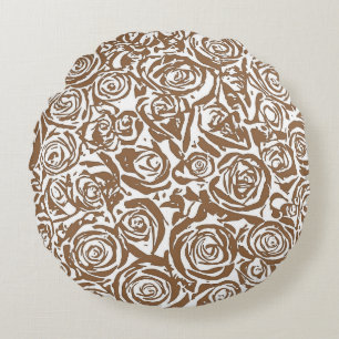 Modern Abstract Rose Pattern,Taupe Tan and White Round Pillow