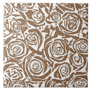 Modern Abstract Rose Pattern, Taupe Tan and White Tile