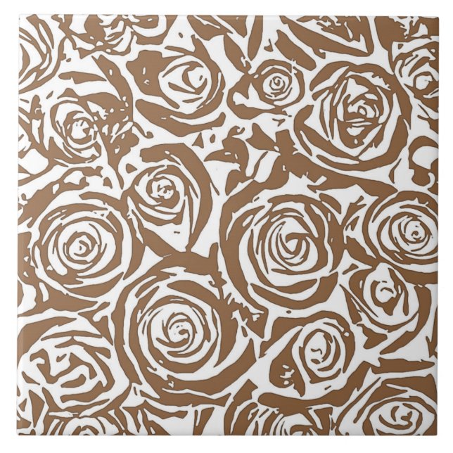 Modern Abstract Rose Pattern, Taupe Tan and White Tile (Front)