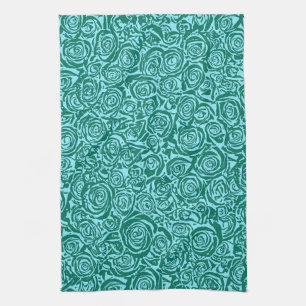 Modern Abstract Rose Pattern, Teal and Aqua Kitchen Towel