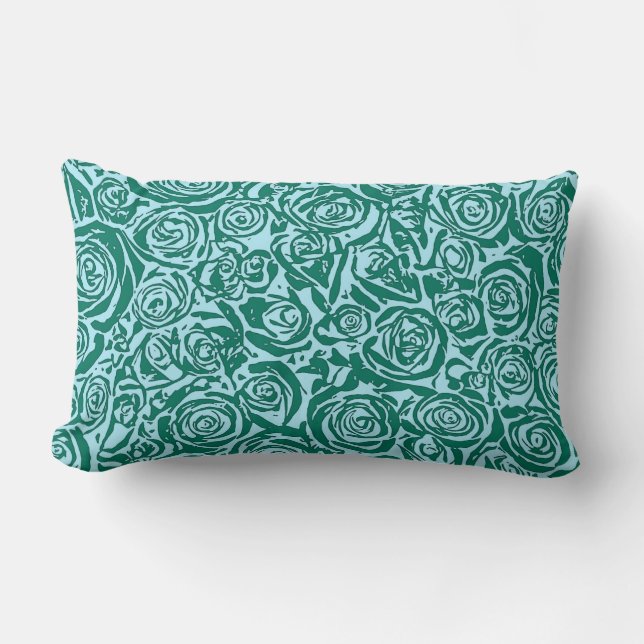 Modern Abstract Rose Pattern, Teal and Aqua Lumbar Pillow (Front)