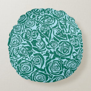 Modern Abstract Rose Pattern, Teal and Aqua Round Pillow