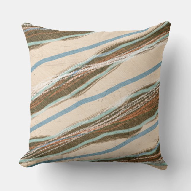 Modern Abstract Rough Wavy Stripes Blue Brown Throw Pillow (Front)
