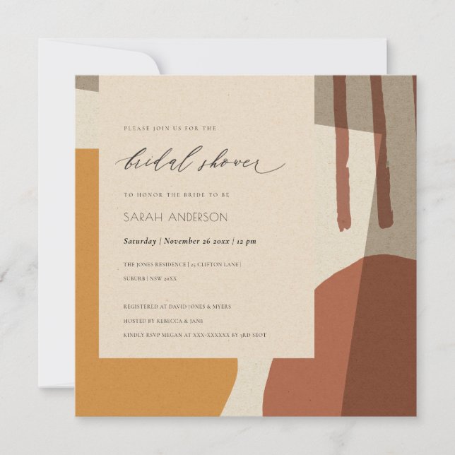 MODERN ABSTRACT RUST YELLOW ARTISTIC BRIDAL SHOWER INVITATION (Front)