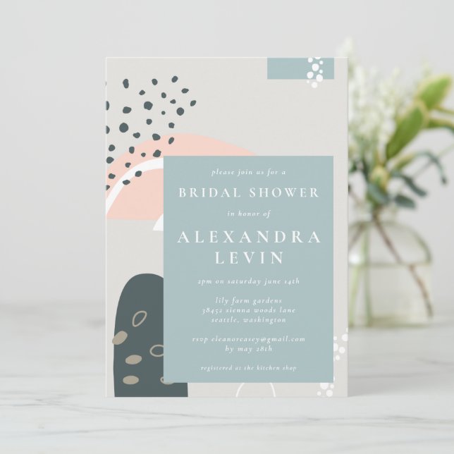 Modern Abstract Shapes Pastel Grey Bridal Shower Invitation (Standing Front)