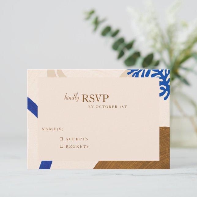 Modern Abstract Shapes Sand Blue Wedding  RSVP Card (Standing Front)