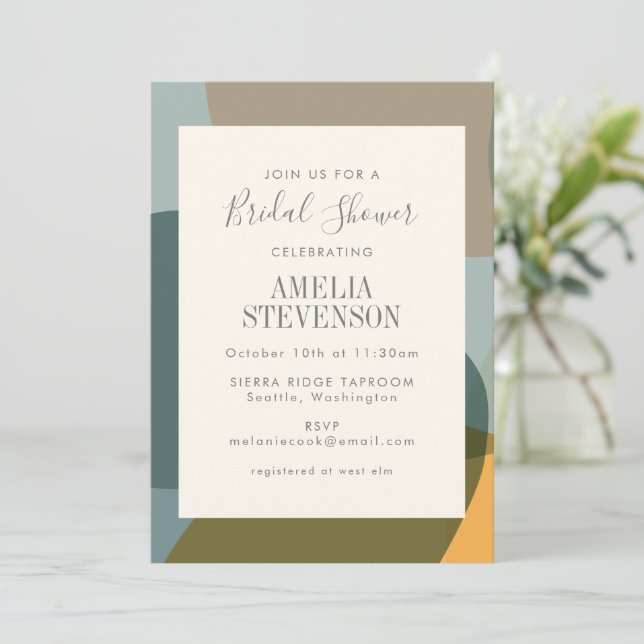 Modern Abstract Shapes Teal Taupe Bridal Shower Invitation (Standing Front)