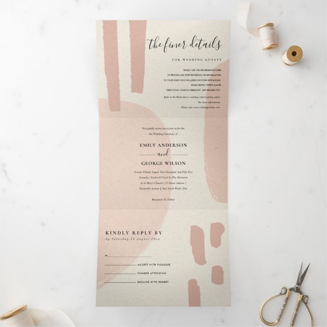 MODERN ABSTRACT SOFT BLUSH PEACH ARTISTIC WEDDING Tri-Fold INVITATION (Inside)
