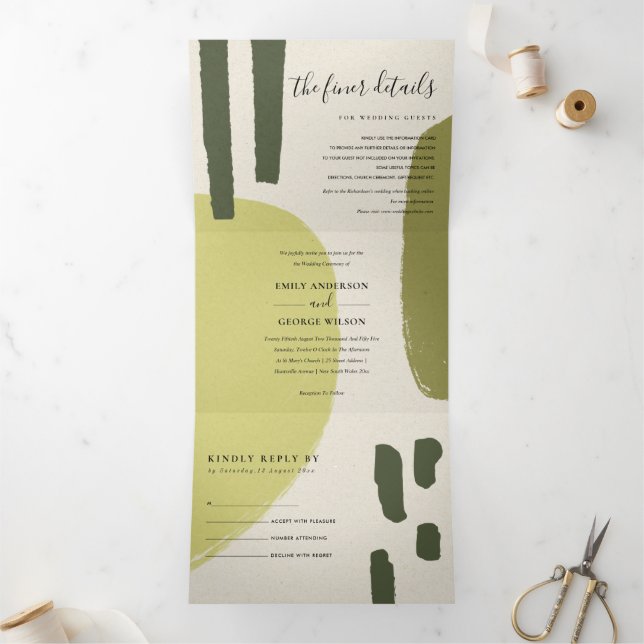 MODERN ABSTRACT SOFT LIME GREEN ARTISTIC WEDDING Tri-Fold INVITATION (Inside)