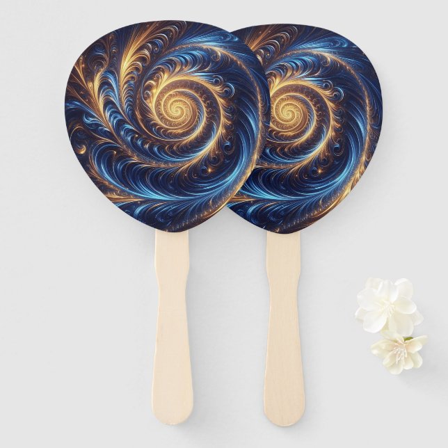 Modern Abstract Space Royal Blue and Gold Swirls  Hand Fan (Front and Back)