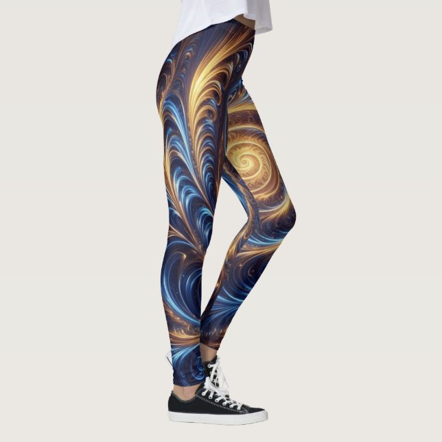 Modern Abstract Space Royal Blue and Gold Swirls  Leggings (Right)