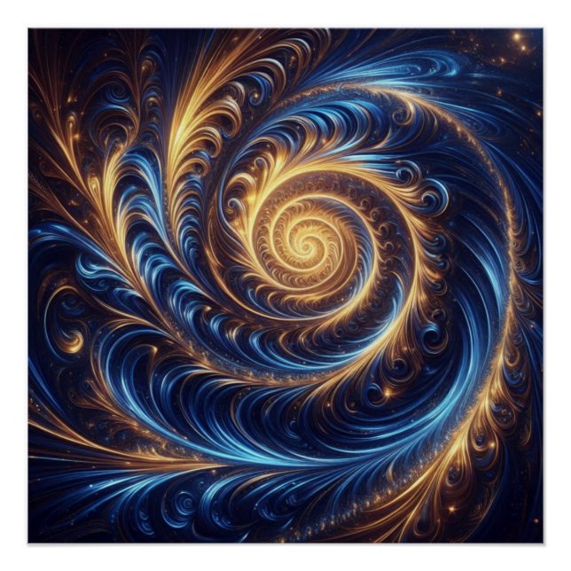 Modern Abstract Space Royal Blue and Gold Swirls  Poster (Front)