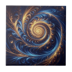 Modern Abstract Space Royal Blue and Gold Swirls Tile