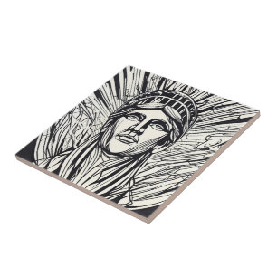 Modern Abstract Statue of Liberty Line Art Tile