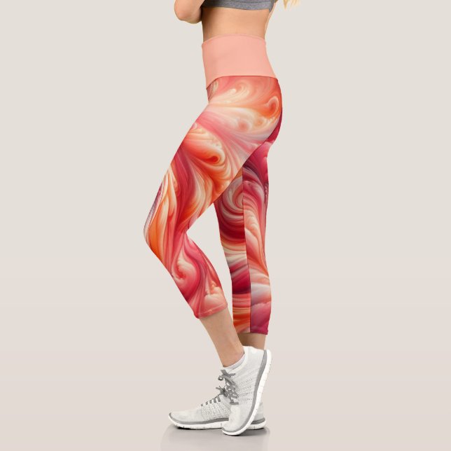 Modern Abstract Swirling Pink and Salmon  Capri Leggings (Left)