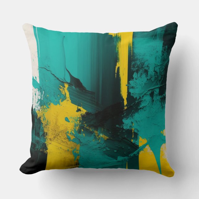 Modern Abstract Teal and Yellow Painted Design Throw Pillow (Front)