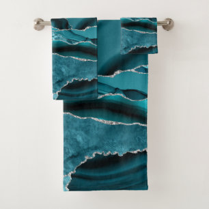 Modern Abstract Teal Blue Agate Silver Glitter Bath Towel Set