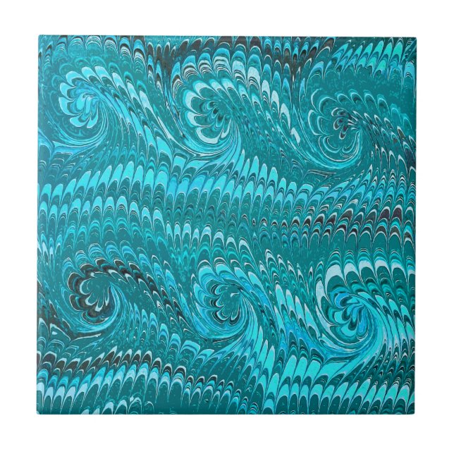 Modern Abstract Teal Blue Marbled Swirls Tile (Front)