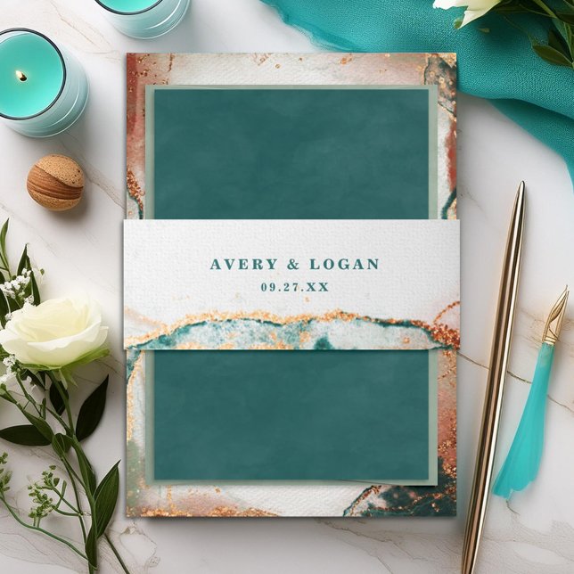 Modern Abstract Teal Copper & Gold Fall Wedding Invitation Belly Band (Elegant teal and copper wedding invitation belly band.)
