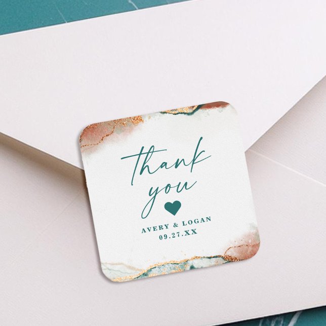 Modern Abstract Teal & Copper Wedding Thank You Square Sticker (Modern teal and copper wedding thank you sticker with abstract design.)