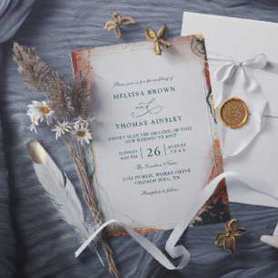 Modern Abstract Teal Foil Budget QR Code Wedding Invitation