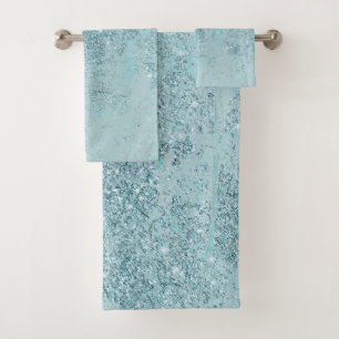 Modern abstract teal glitter blush tones marble bath towel set