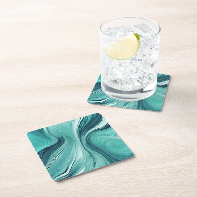 Modern Abstract Teal Green Liquid Pour Square Paper Coaster (Insitu)