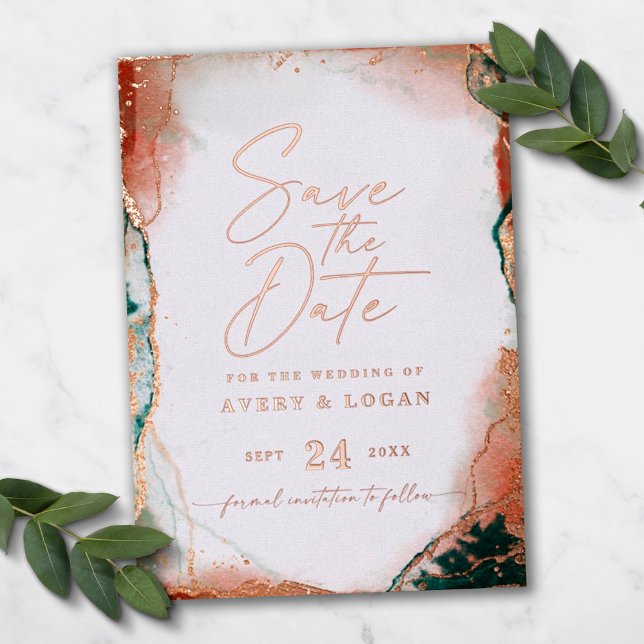 Modern Abstract Teal Rose Gold Save the Date Real (Creator Uploaded)
