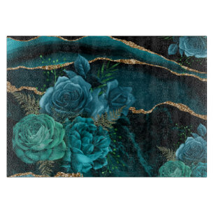 Modern Abstract Teal Roses and Gold Glitter Cutting Board