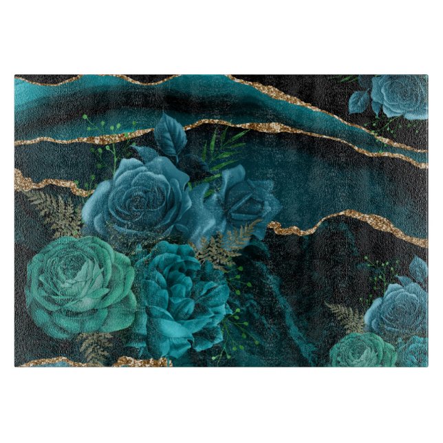 Modern Abstract Teal Roses and Gold Glitter Cutting Board (Front)