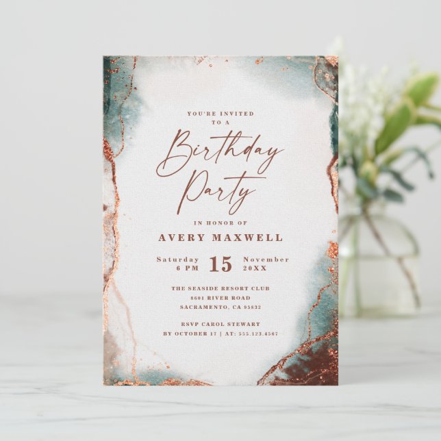 Modern Abstract Terra Cotta Birthday Party Invitation (Standing Front)