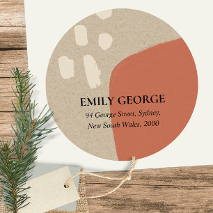 MODERN ABSTRACT TERRACOTTA RED KRAFT ADDRESS CLASSIC ROUND STICKER