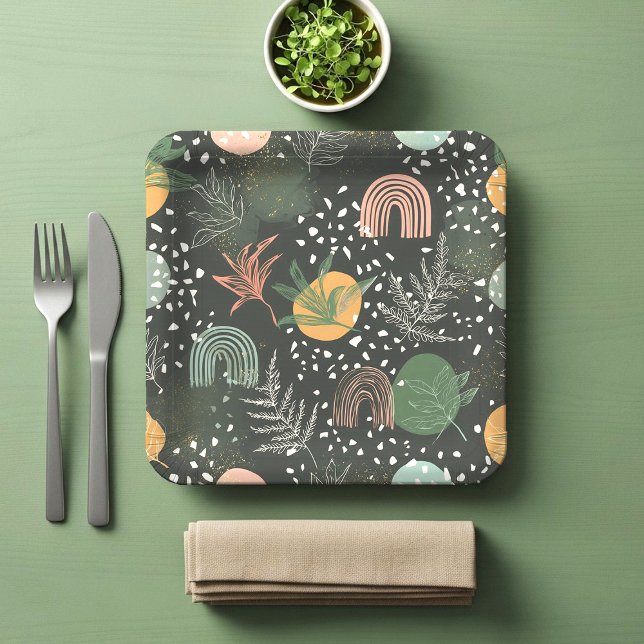 Modern Abstract Terrazzo & Botanical Collage  Paper Plate (Creator Uploaded)