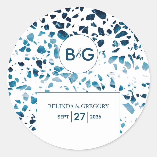 Modern Abstract Terrazzo Mosaic Blue Wedding Classic Round Sticker (Front)