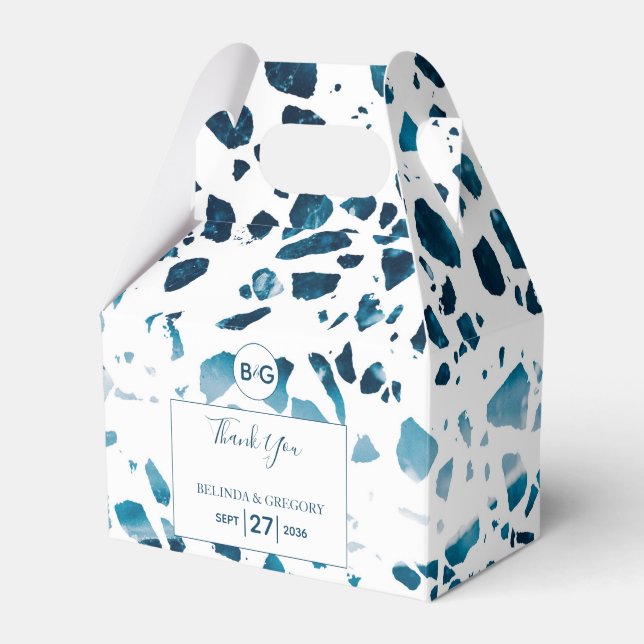 Modern Abstract Terrazzo Mosaic Blue Wedding Favor Box (Front Side)